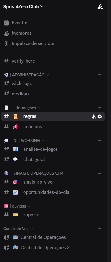Sidebar do Discord SpreadZero: categorias V.I.P., moderação, networking, suporte e canais de voz