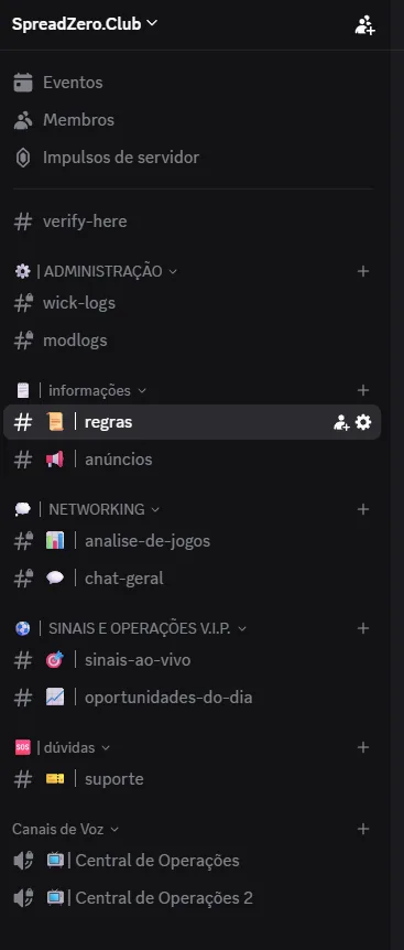 Sidebar do Discord SpreadZero: categorias V.I.P., moderação, networking, suporte e canais de voz